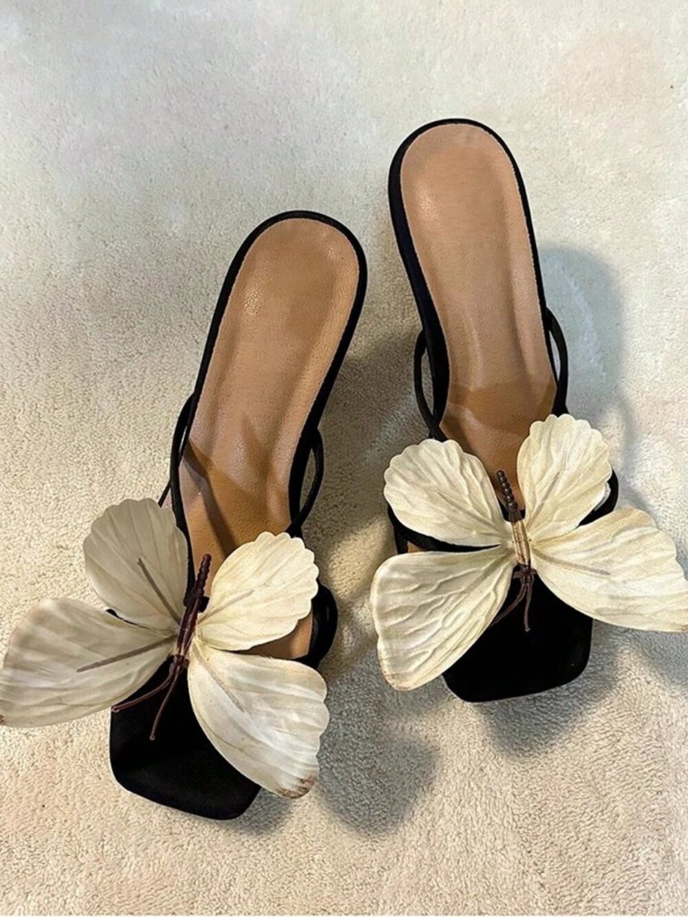 Black Chic Women's Square Open Toe Butterfly Decor Heels